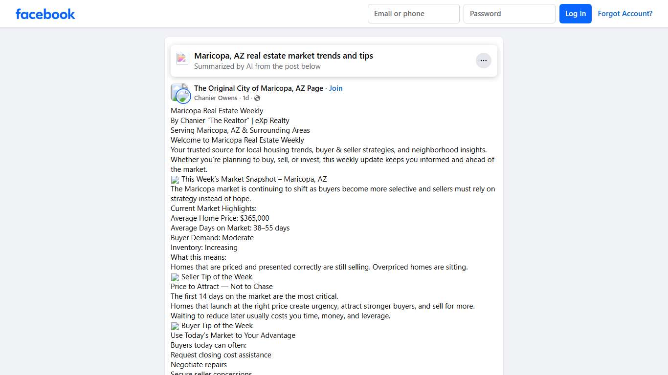 The Original City of Maricopa, AZ Page Maricopa Real Estate Weekly Facebook